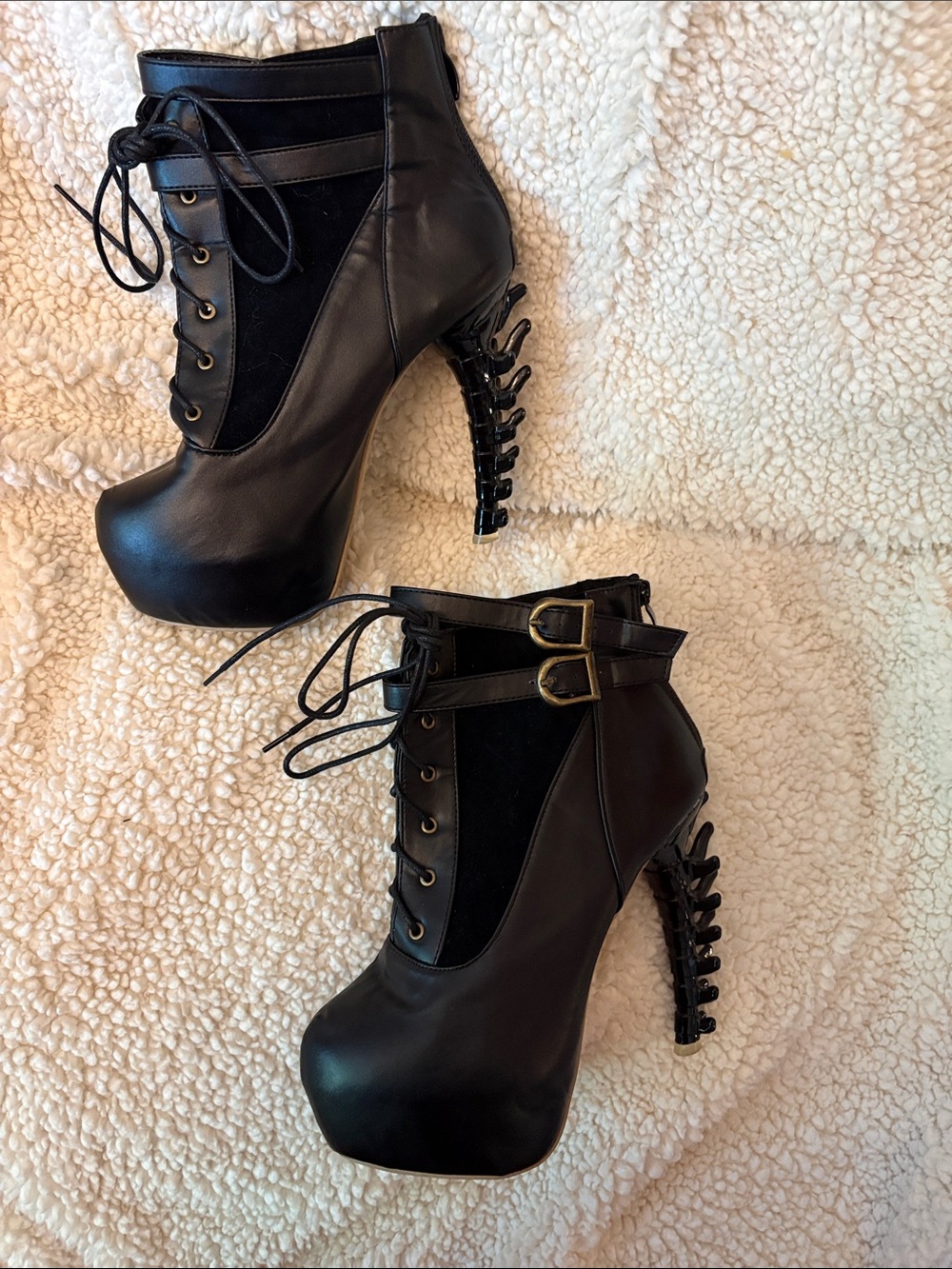 Women's Black Lace-Up Platform Ankle Boots Goth Skeleton Spine Heel ?Shoe Story - Picture 8 of 16